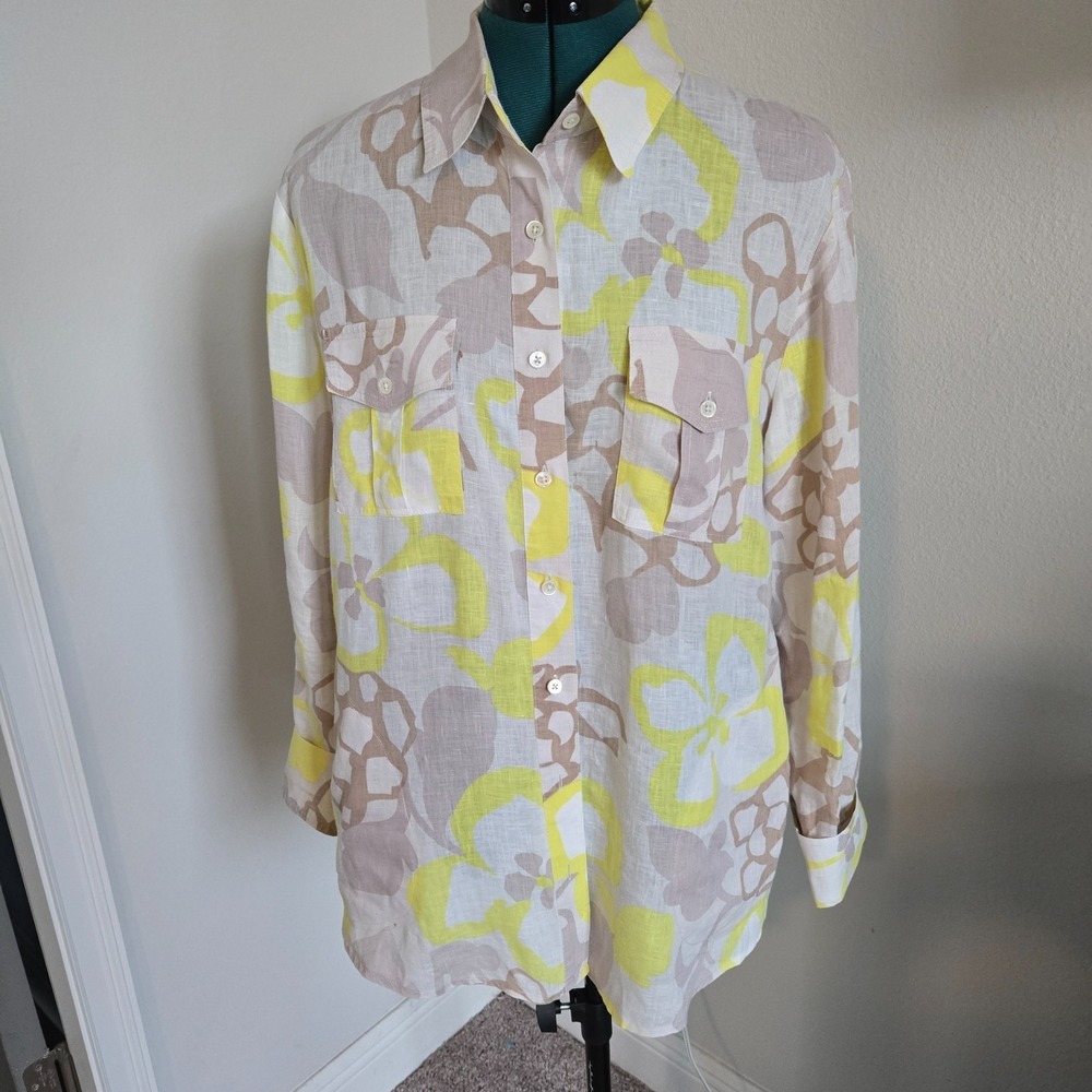 Elliott Lauren Womens 100% Linen Floral Button Up Shirt Large Long Sleeves Boxy